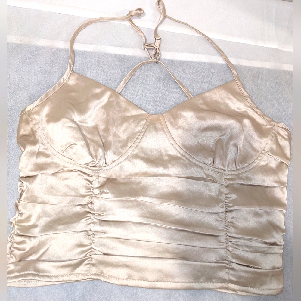 Forever 21 Women's Ruched Cream Satin Cross Cami Top